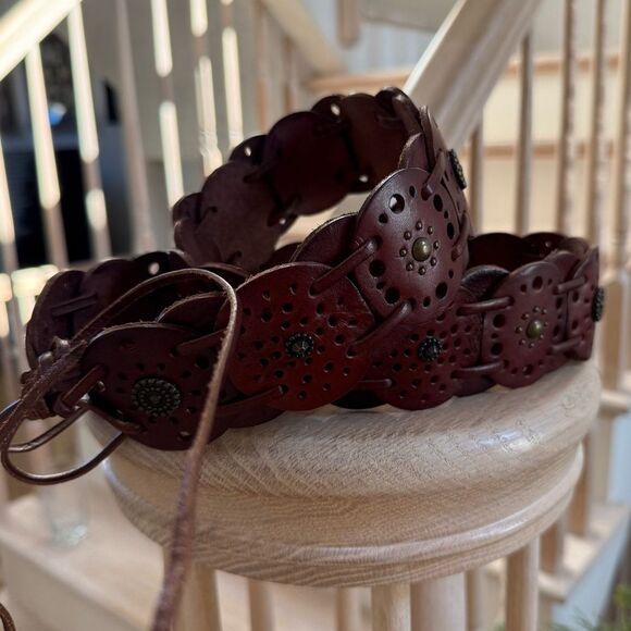 Fossil Dark Brown Leather Concho Western Studded Boho Front Tie Belt L - Picture 6 of 16